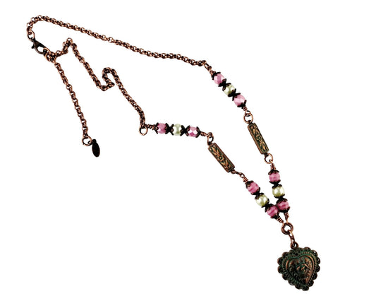 Handmade heart pendant necklace with Aqua Copper finish and metal rose