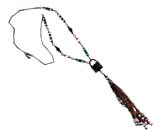 Handmade beaded necklace with Aqua Blue and Rose Pink seed beads