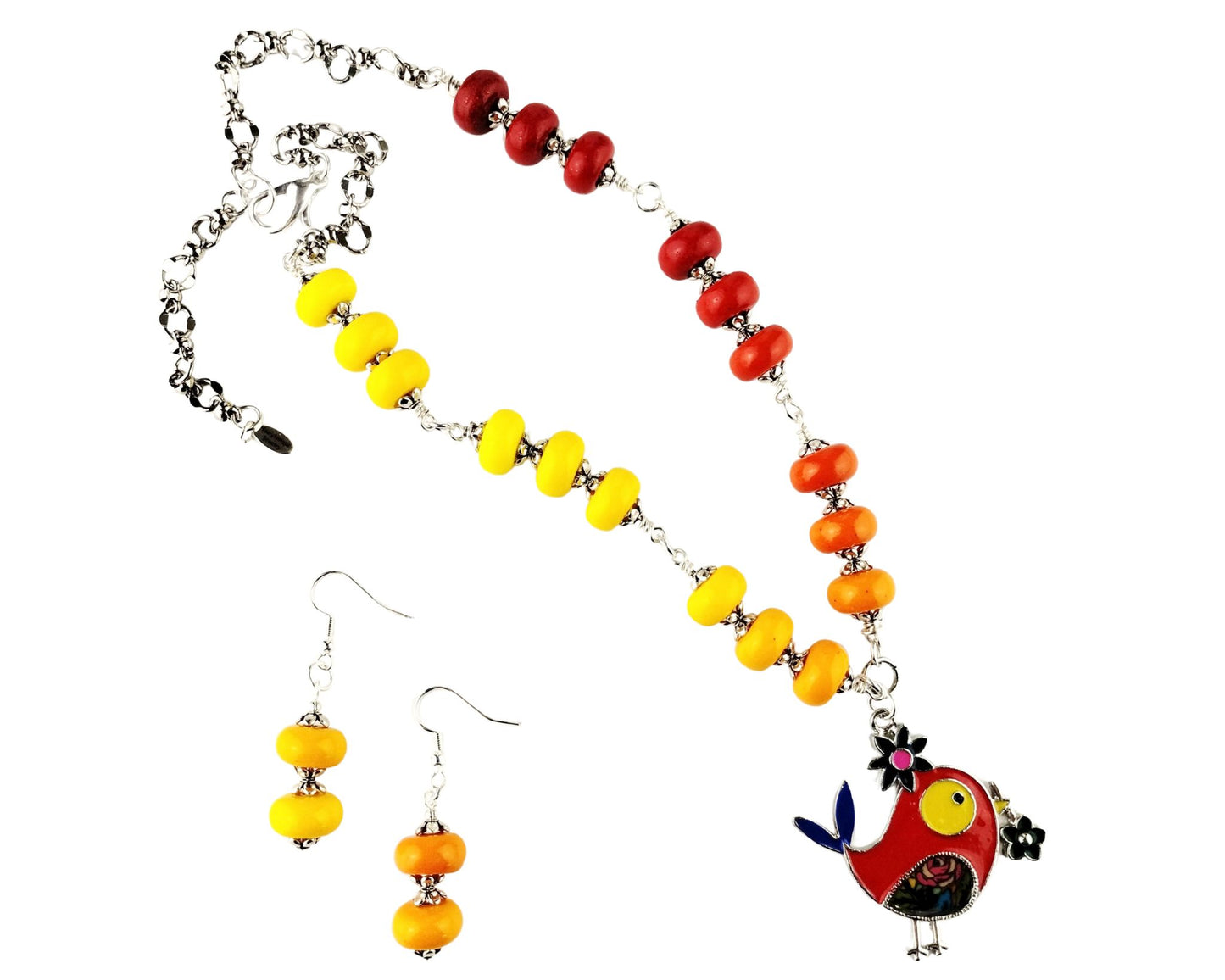 Colorful polymer clay jewelry set with bird pendant and warm tones