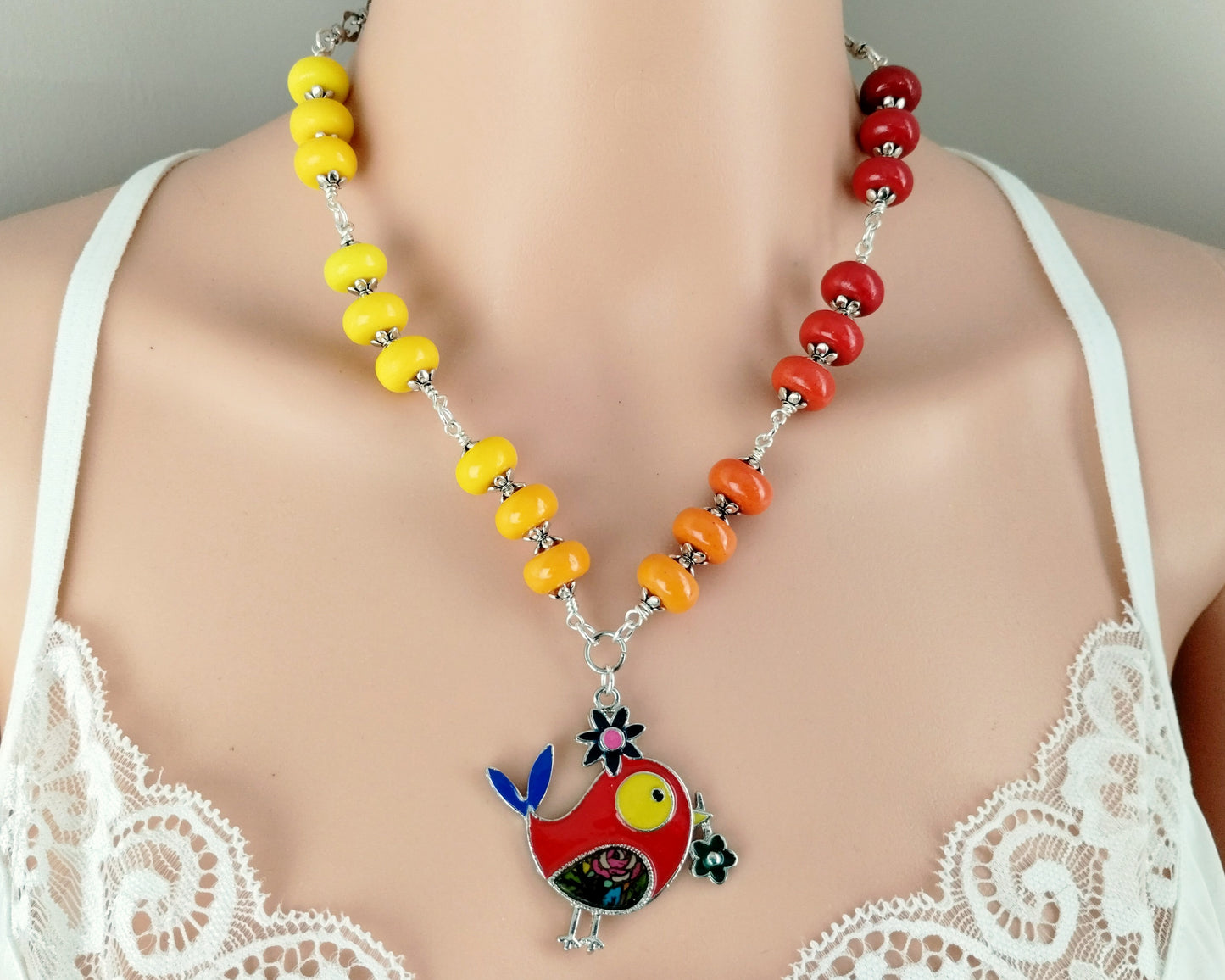Handmade Bird of Happiness necklace and earrings set with ombre beads