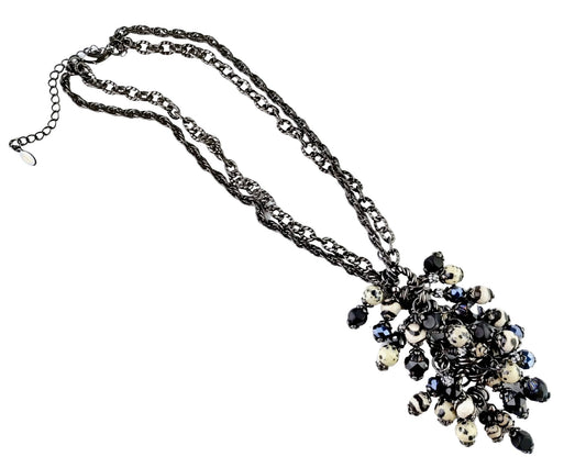 Handmade gunmetal tassel necklace with Dalmatian Jasper and agate