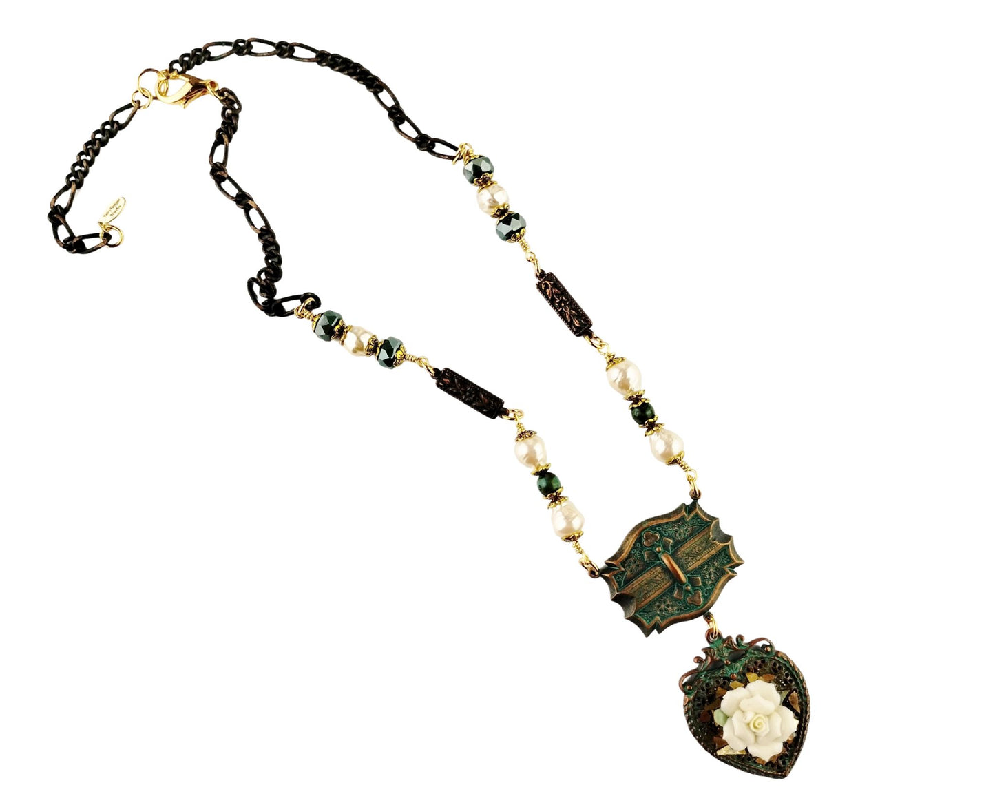 Handmade heart necklace with aqua copper bezel and cream rose
