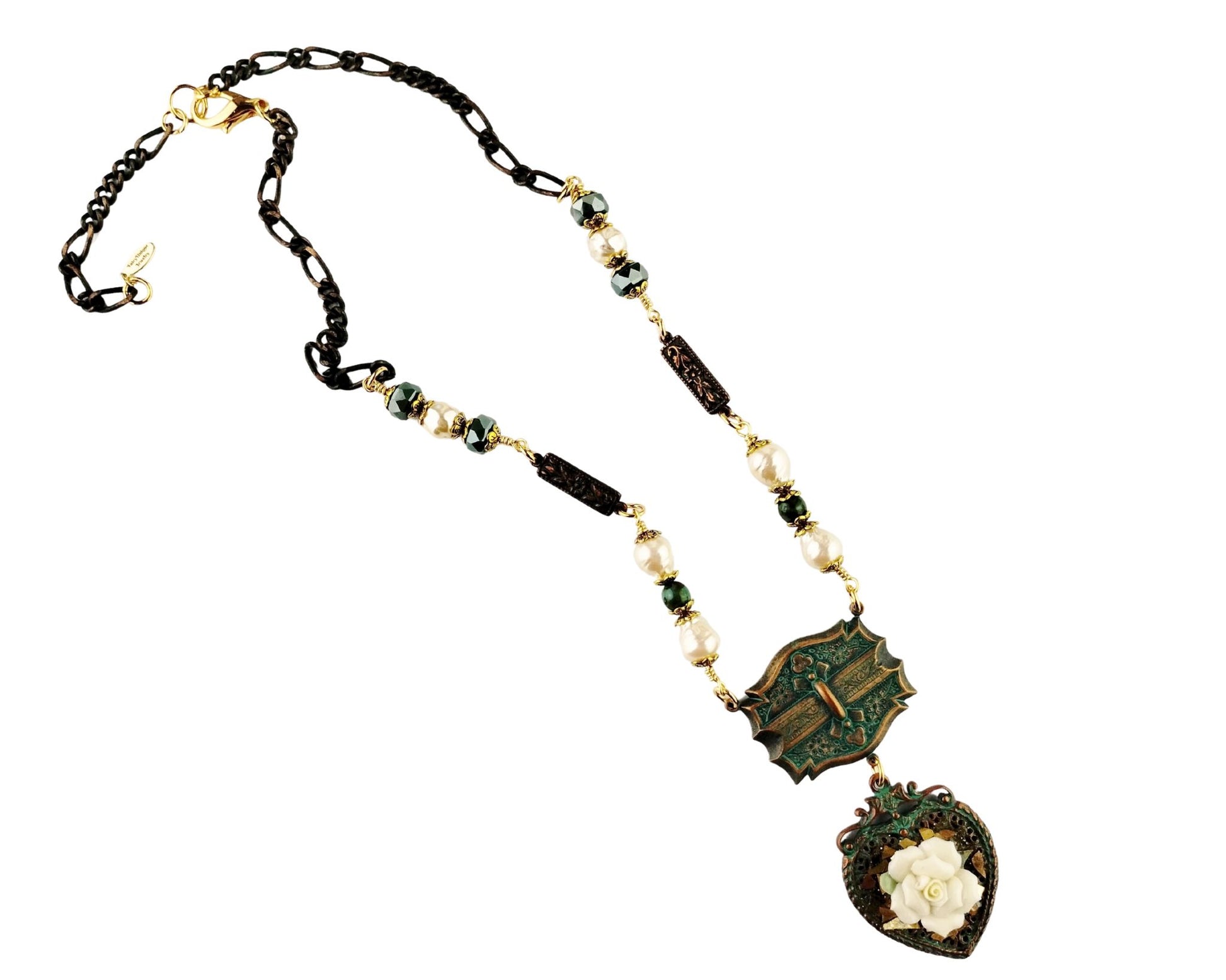 Handmade heart necklace with aqua copper bezel and cream rose