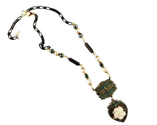 Handmade heart necklace with aqua copper bezel and cream rose