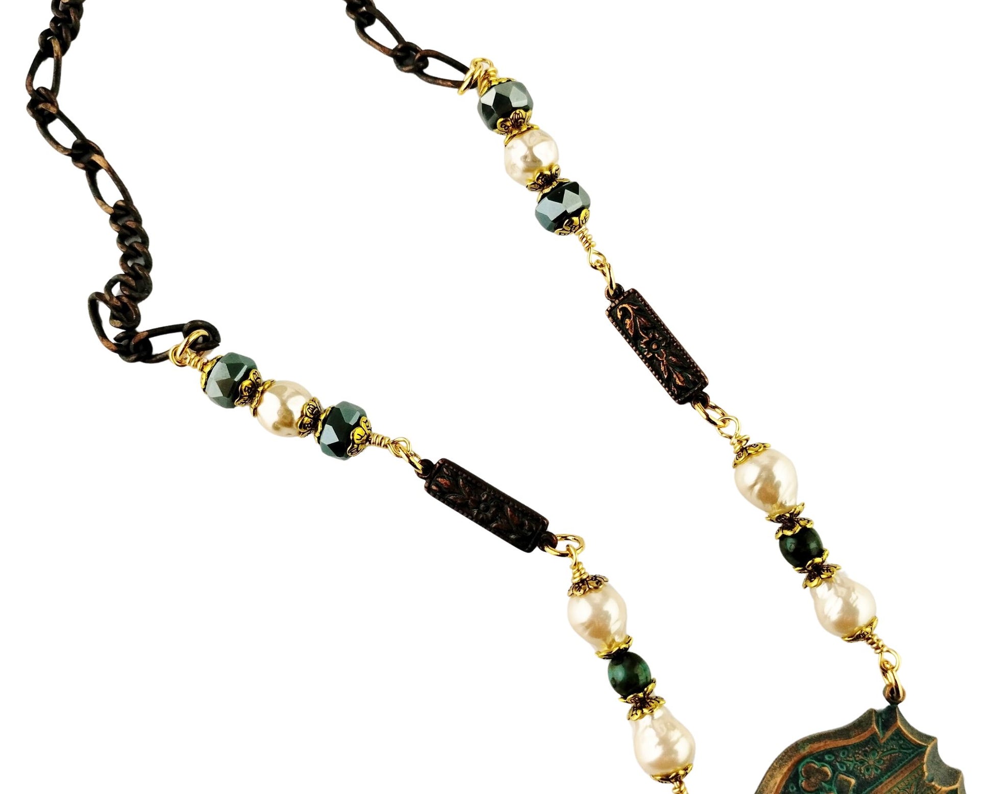 Artisan necklace with B’sue bezel, glitter heart, and rose detail