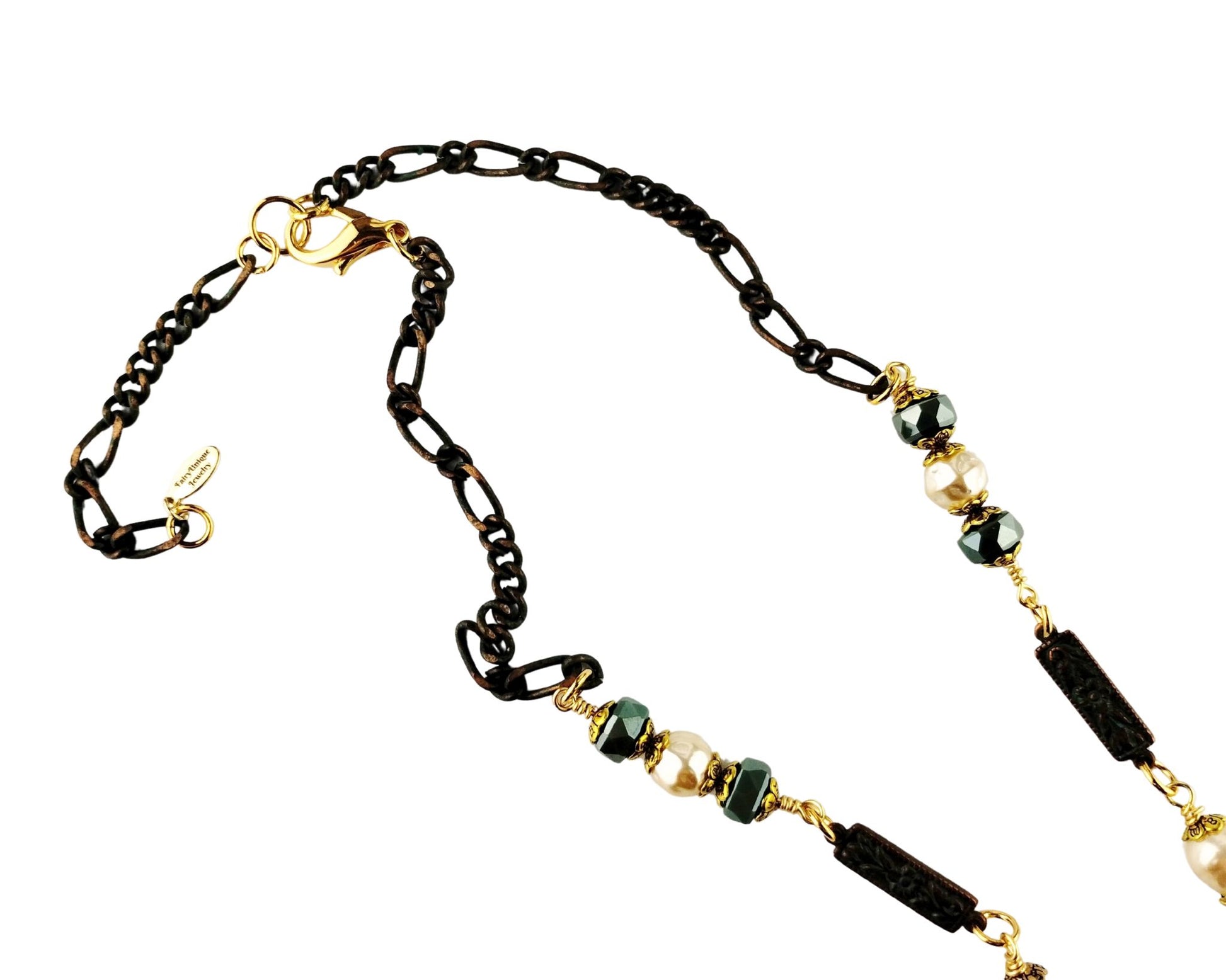 Sea green bead and pearl necklace with handmade floral pendant