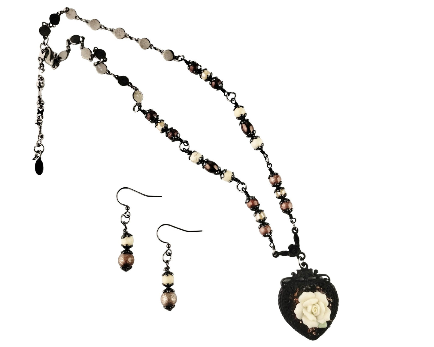 Handmade black heart pendant necklace with matching beaded earrings