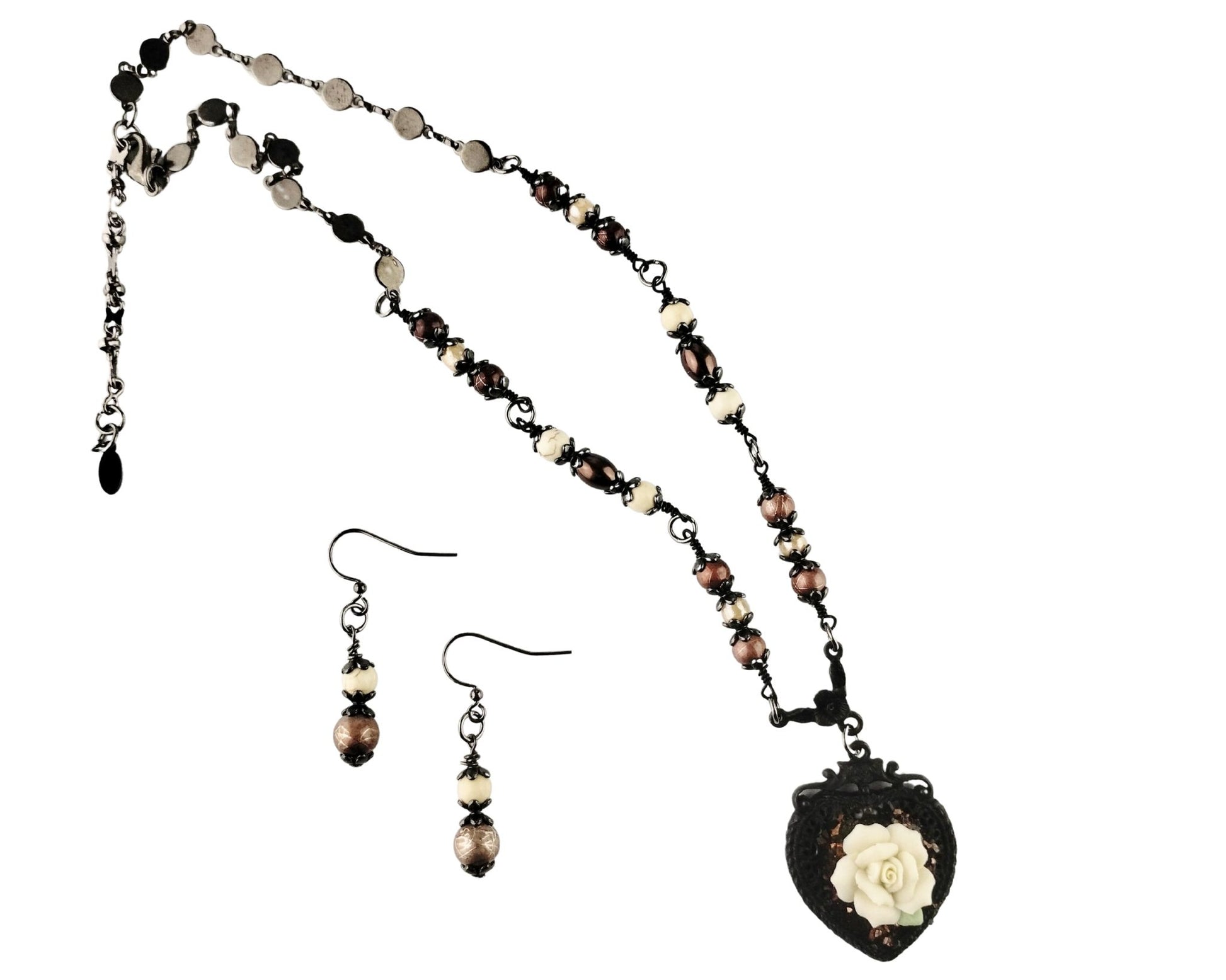 Handmade black heart pendant necklace with matching beaded earrings