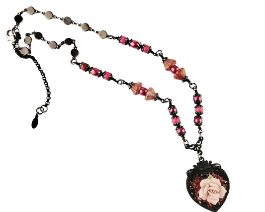 Handmade matte black heart necklace with rose pink ceramic rose
