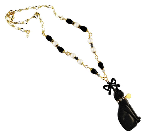 Handmade black cat necklace with rhinestone collar and ribbon