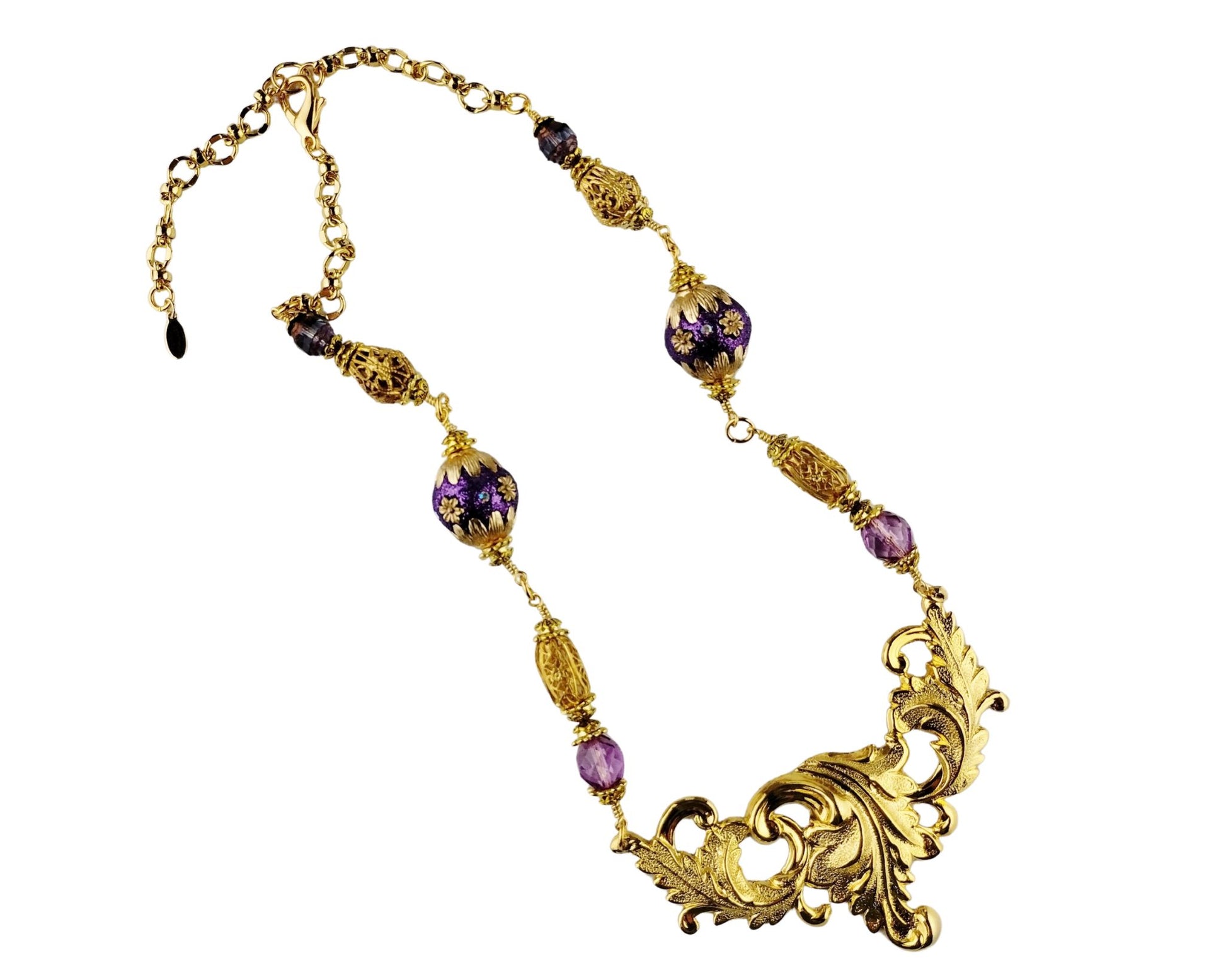 Handmade gold leaf swag necklace with purple beading