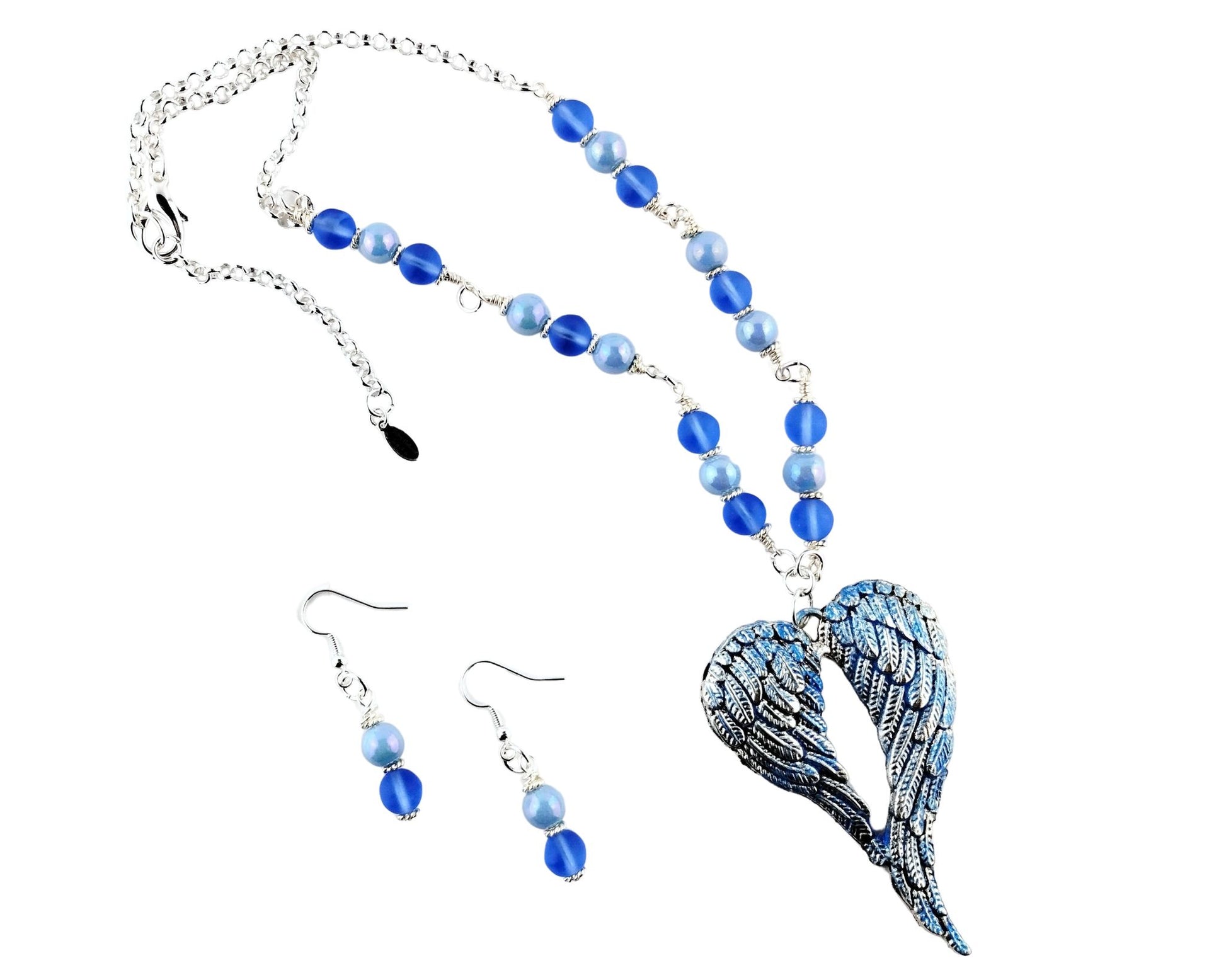 Handmade sky blue angel wing necklace and matching earrings