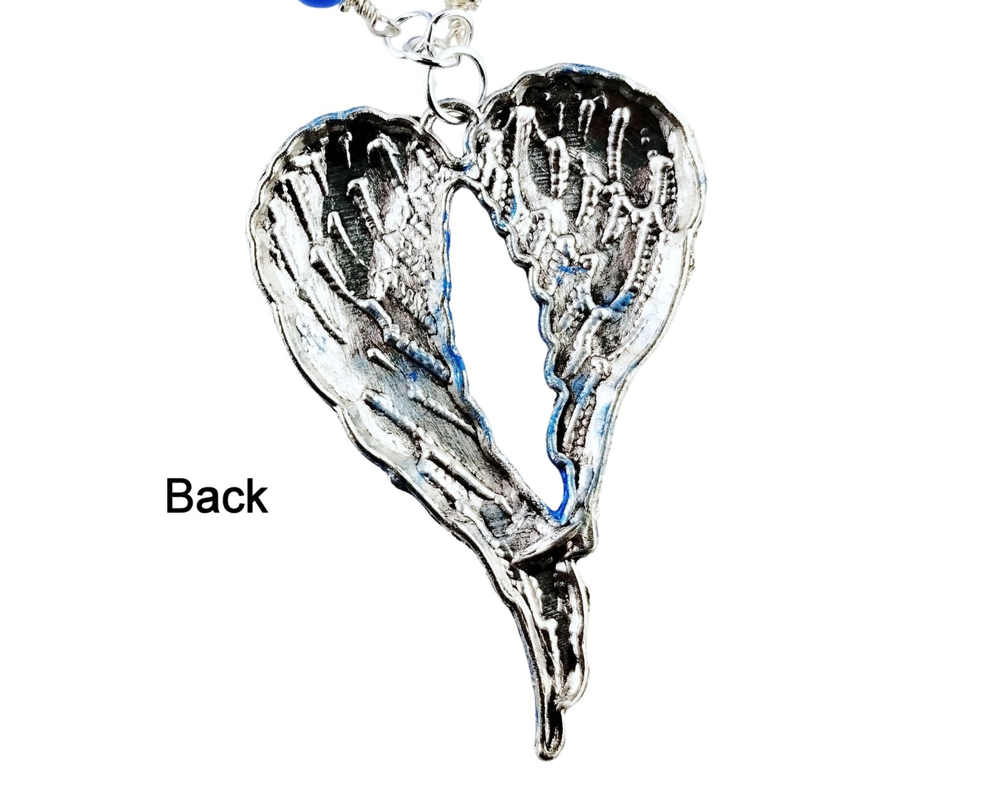 Back of Silver and blue angel wing necklace set