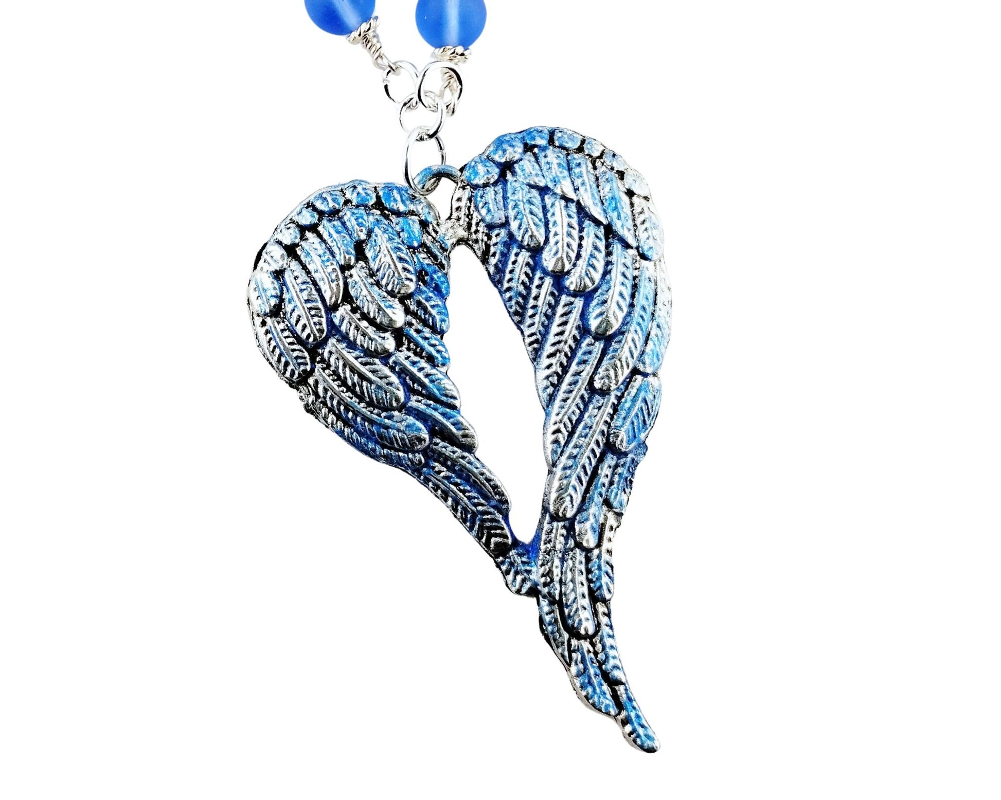 Double-wing heart pendant necklace with blue bead accents