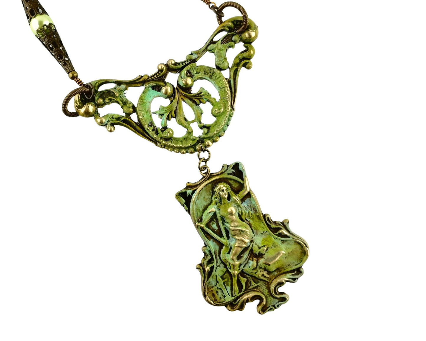 Handmade Roman goddess necklace with olive and sea green accents