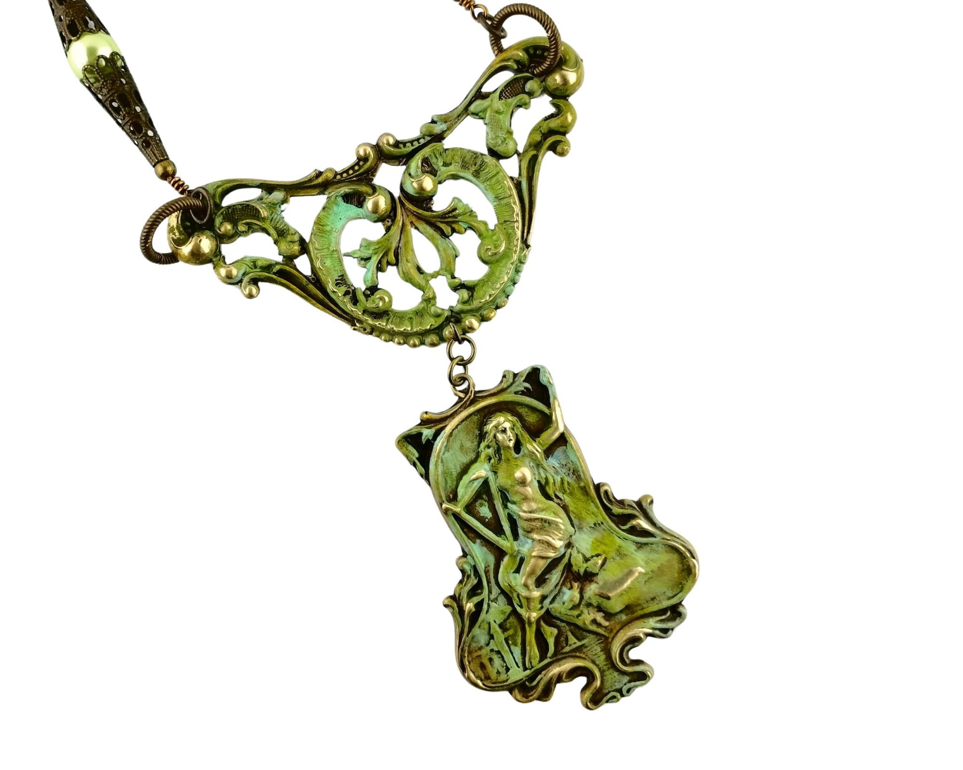 Handmade Roman goddess necklace with olive and sea green accents