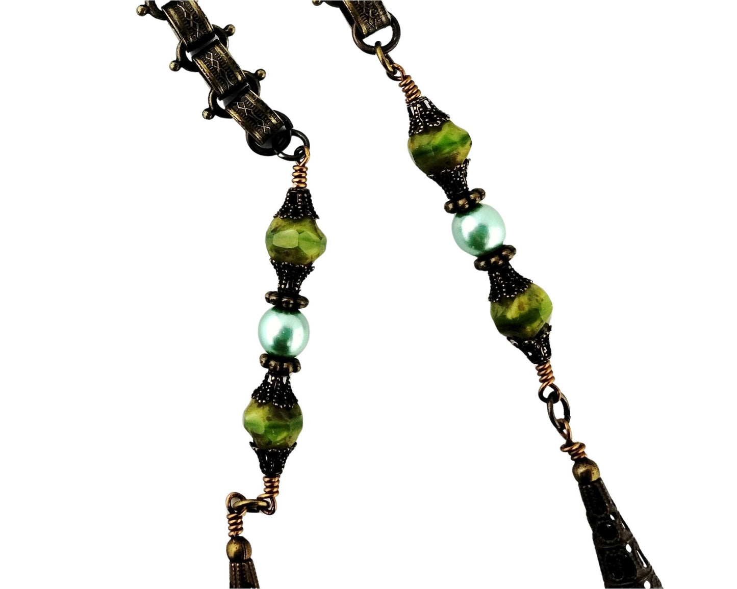Vintage-style handmade necklace and earrings with mint green beads