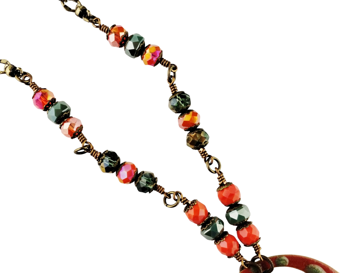 Necklace with multicolored beads on a white background