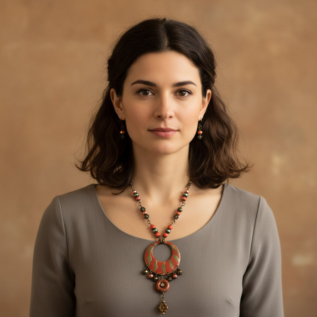 Woman wearing a necklace against a brown background