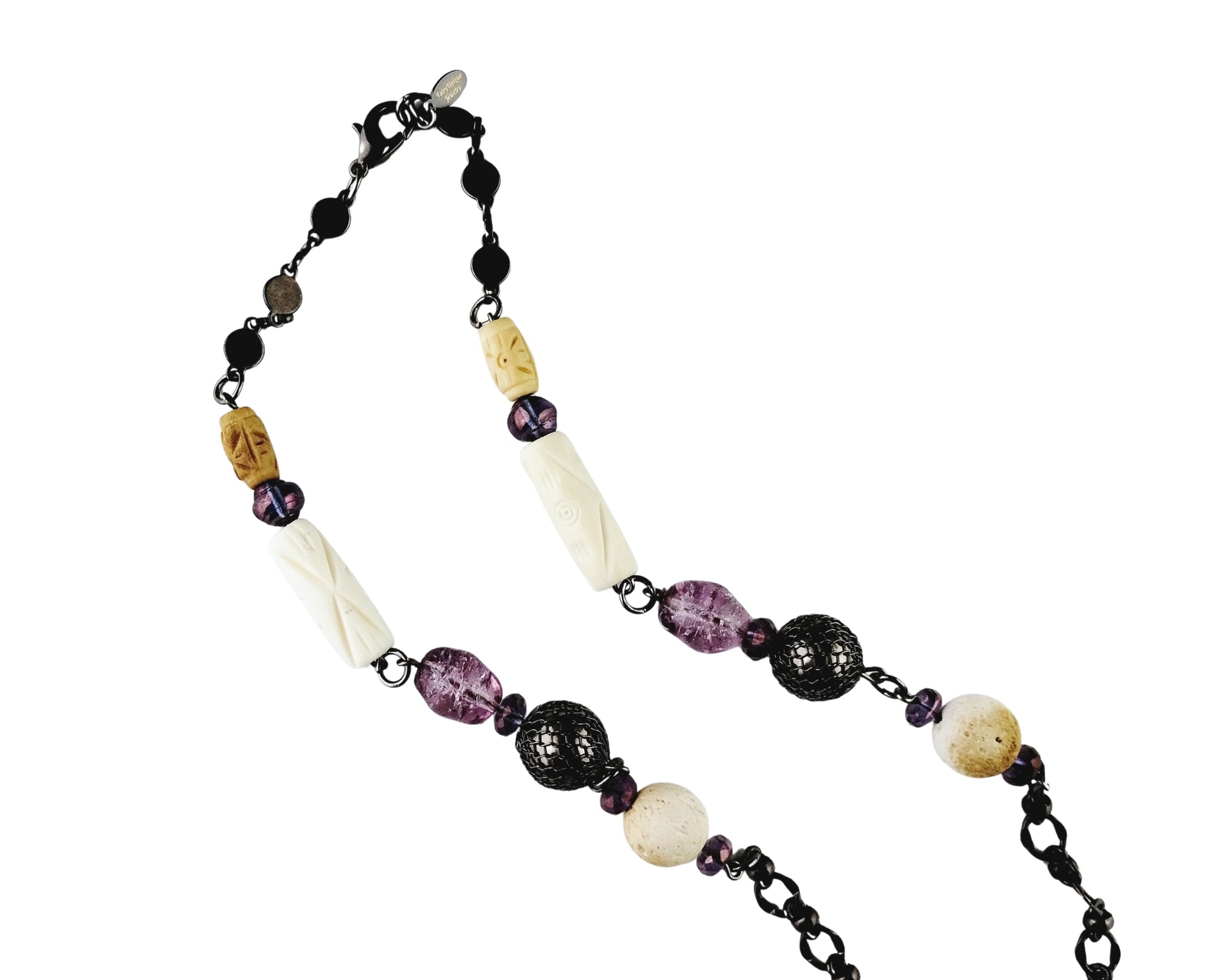 Necklace with multicolored beads on a white background