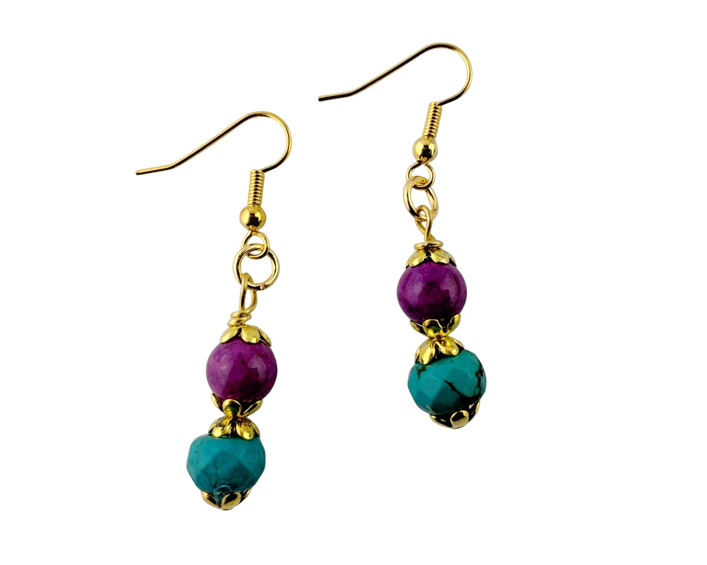 Pair of earrings with gold hooks, purple beads, and turquoise beads on a white background