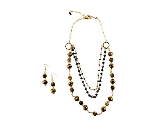 Brown Multi-strand Necklace & Earrings Set on White background. 