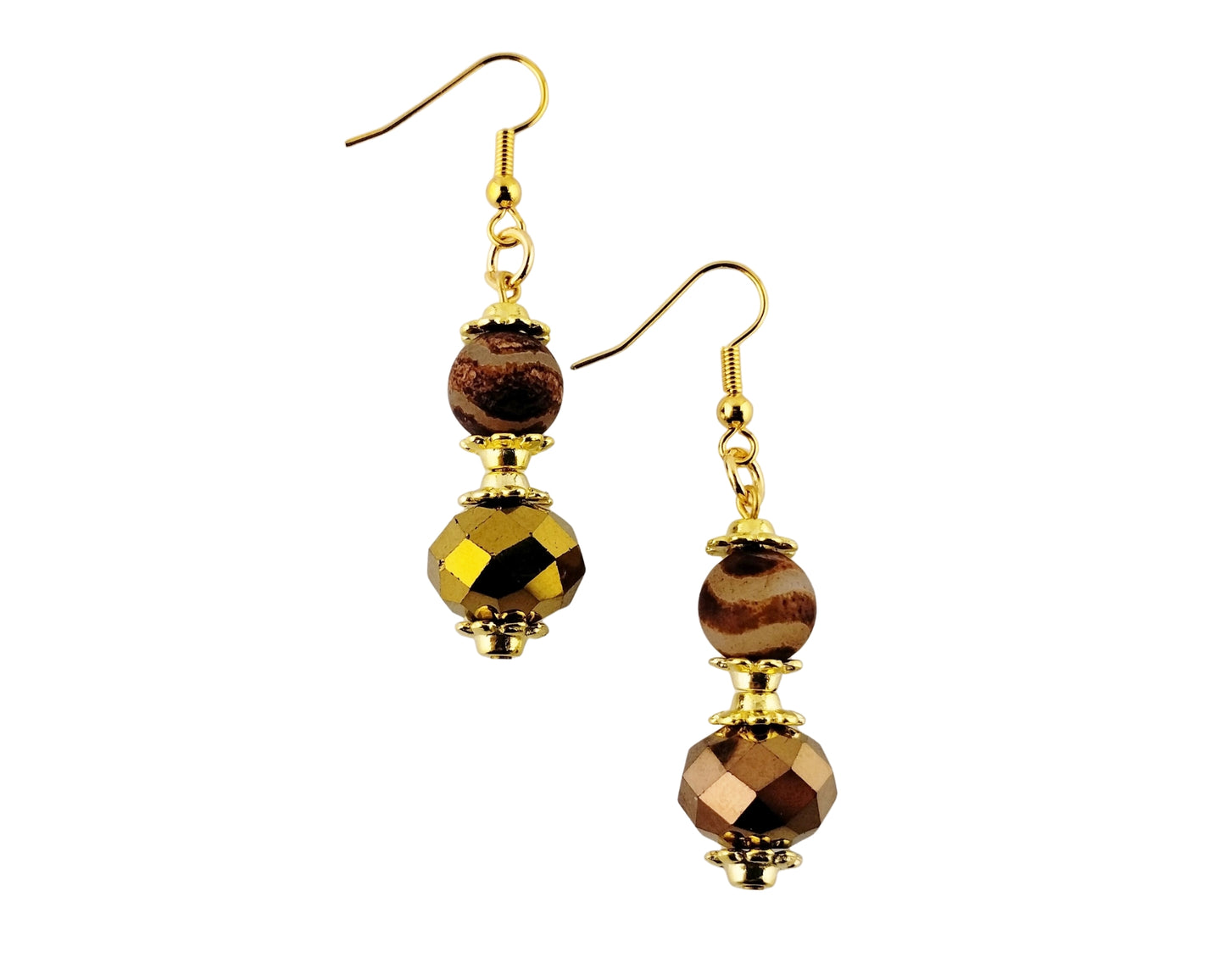 Gold and brown beaded earrings on a white background