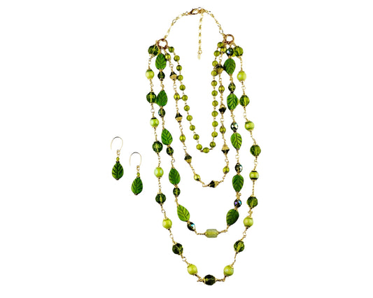 Green Howlite & Glass Beaded Necklace and Earrings Set, Multi Strand Green Necklace, Leaf Bead Jewelry Set, Nature Inspired Jewelry, Handmade Gift