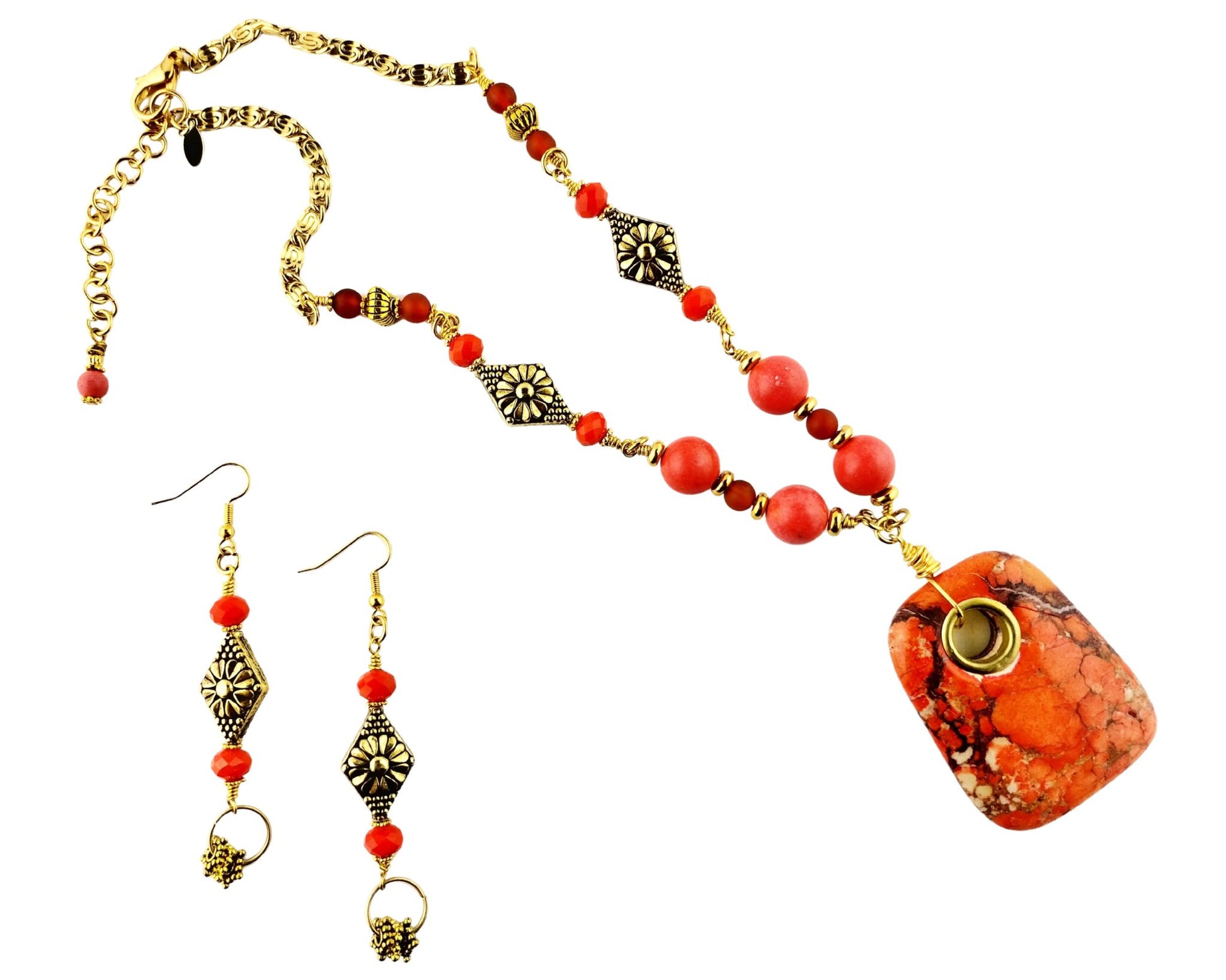 Jasper & Coral Necklace and Earring Set 