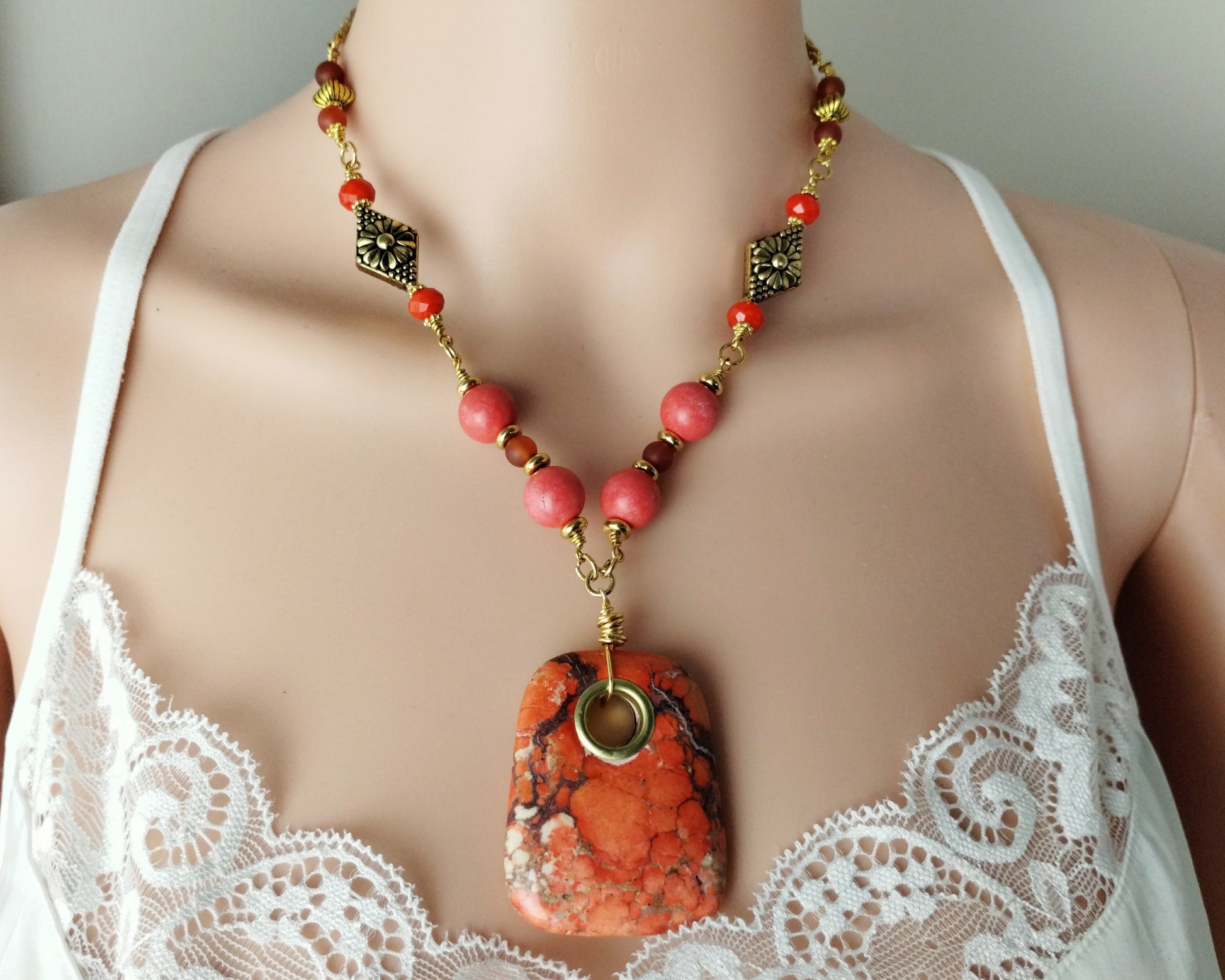 Jasper & Coral Necklace on Bust