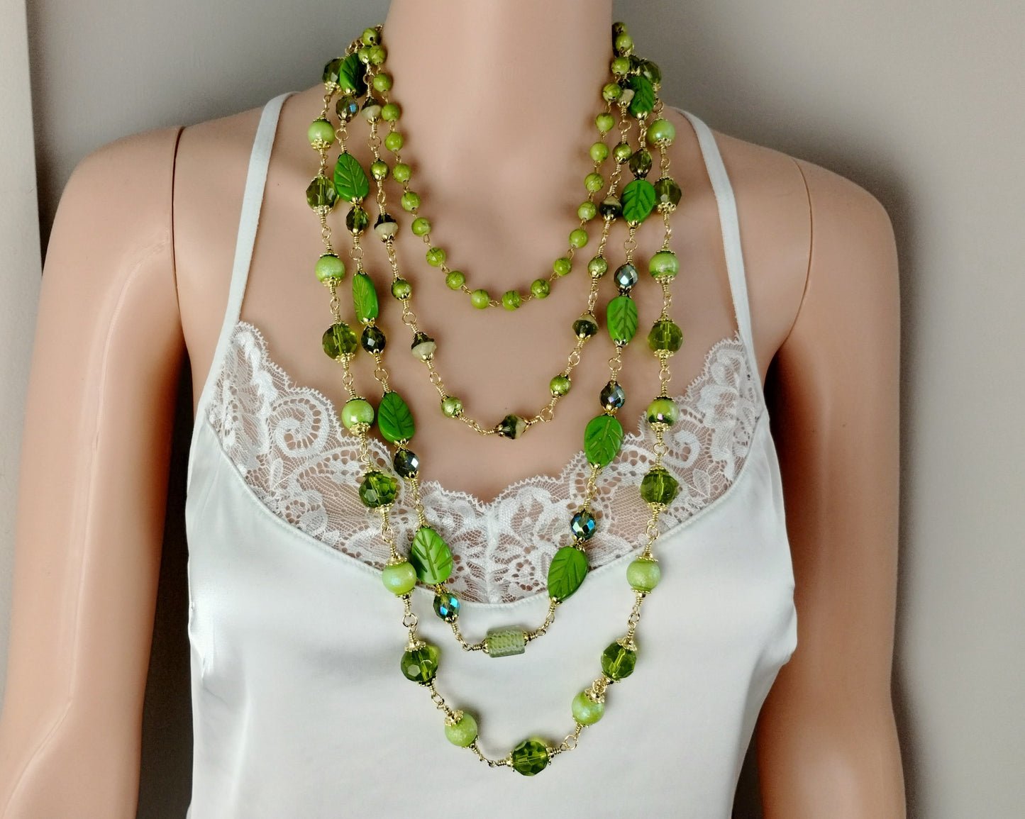 Green Howlite & Glass Beaded Necklace and Earrings Set, Multi Strand Green Necklace, Leaf Bead Jewelry Set, Nature Inspired Jewelry, Handmade Gift