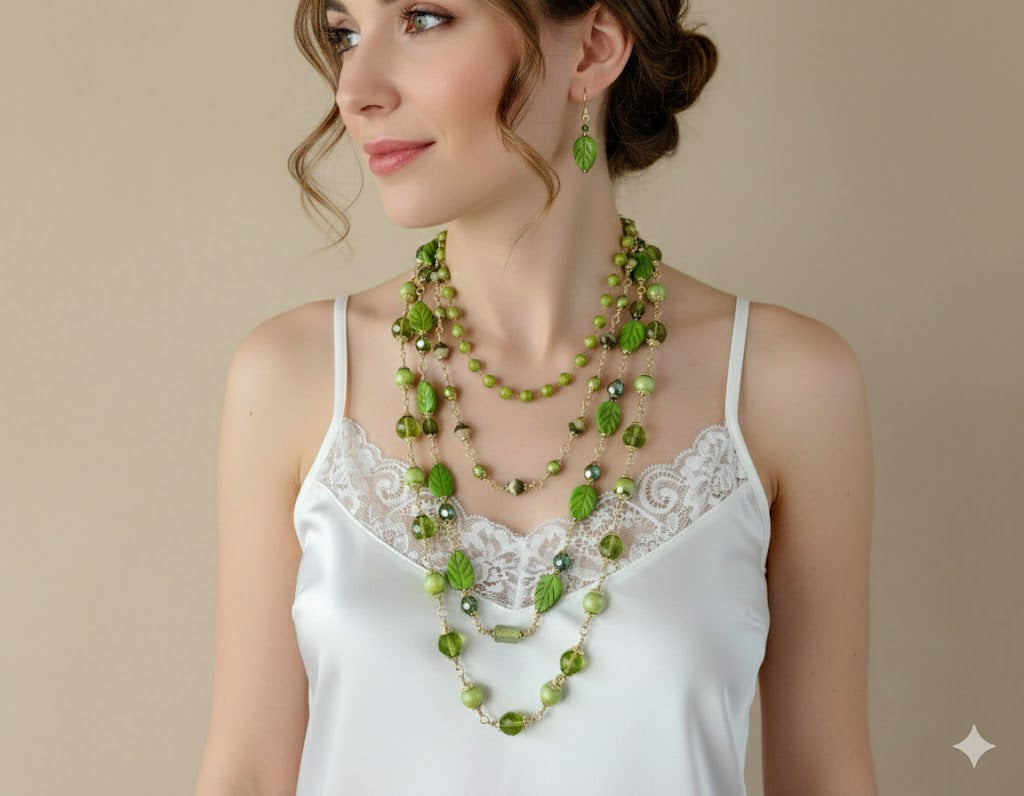 Green Howlite & Glass Beaded Necklace and Earrings Set, Multi Strand Green Necklace, Leaf Bead Jewelry Set, Nature Inspired Jewelry, Handmade Gift