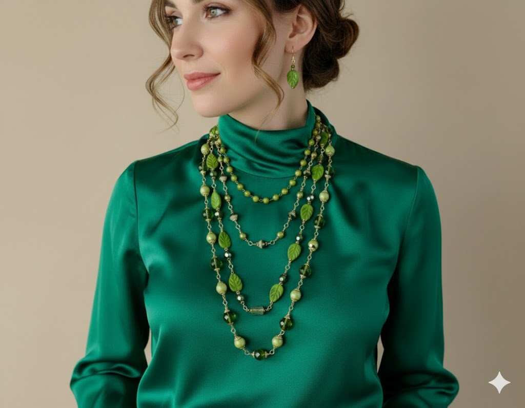 Green Howlite & Glass Beaded Necklace and Earrings Set, Multi Strand Green Necklace, Leaf Bead Jewelry Set, Nature Inspired Jewelry, Handmade Gift