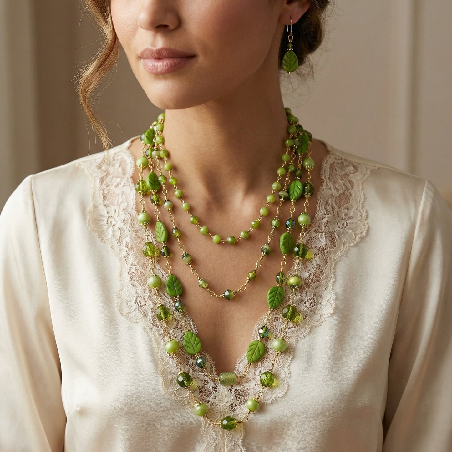 Green Howlite & Glass Beaded Necklace and Earrings Set, Multi Strand Green Necklace, Leaf Bead Jewelry Set, Nature Inspired Jewelry, Handmade Gift