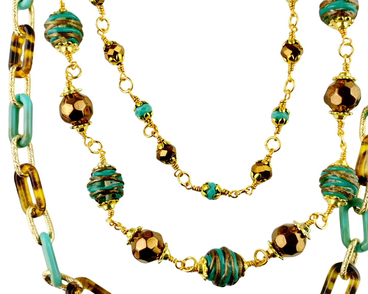 Necklace with gold chain and multicolored beads on a white background
