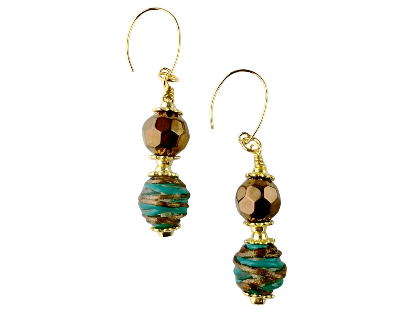 Pair of earrings with gold and brown beads on a white background