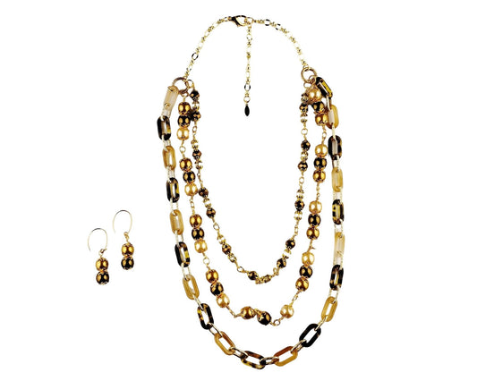 Golden Brown & Cream Layered Necklace Set, Acrylic Chain & Glass Pearl Beads, Elegant Neutral Jewelry Set