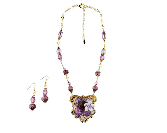 Lavender Purple Statement Necklace Set, Floral Pendant Jewelry, Romantic Gold & Glass Bead Necklace with Matching Earrings