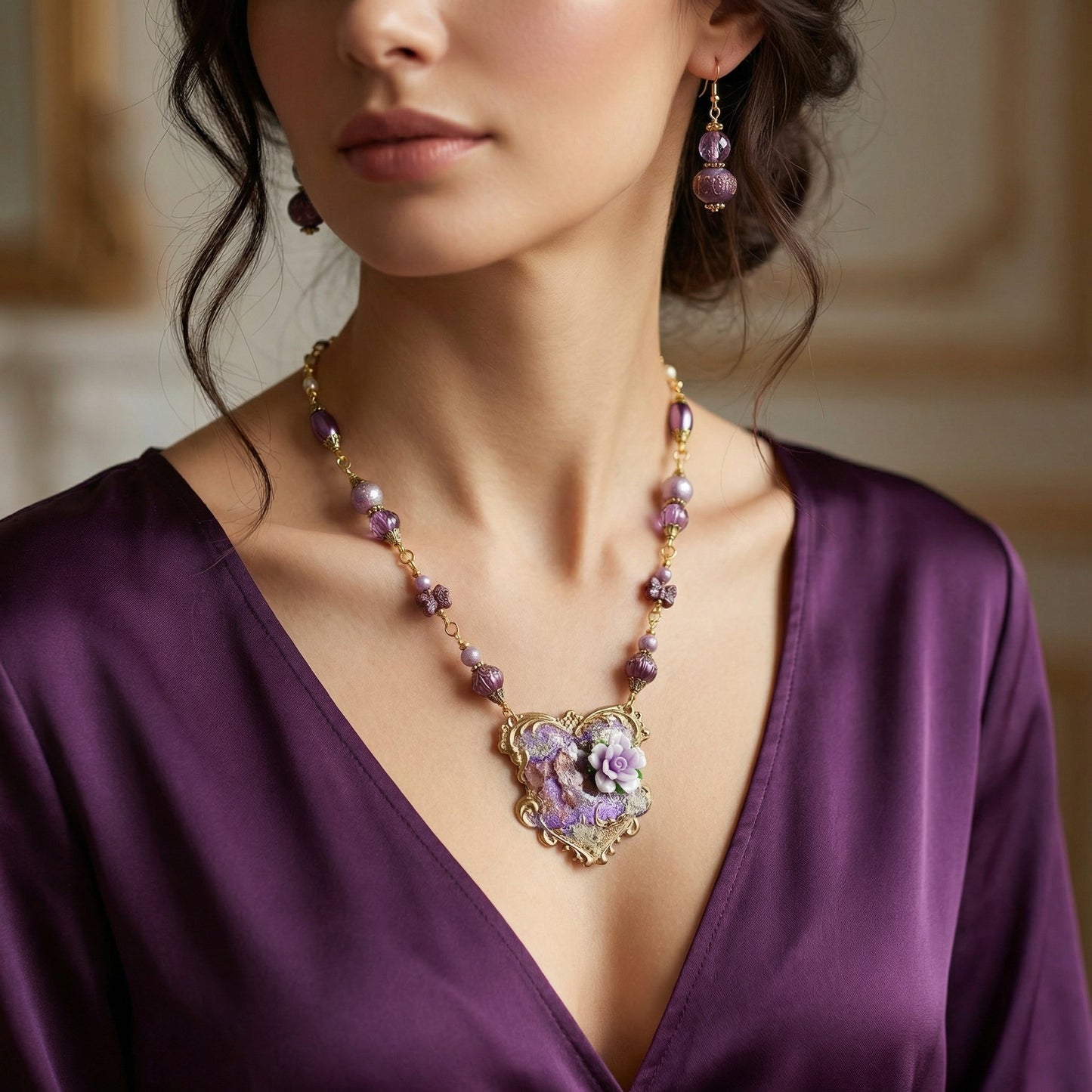 Lavender Purple Statement Necklace Set, Floral Pendant Jewelry, Romantic Gold & Glass Bead Necklace with Matching Earrings