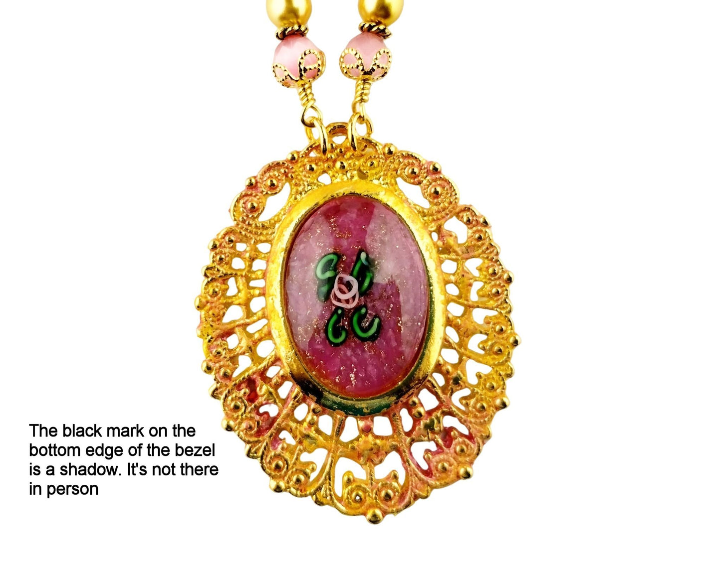 Pink Glass Cabochon Necklace Set, Gold Filigree Pendant Necklace, Vintage Style Jewelry Set, Pink & Gold Beaded Necklace, Handmade Jewelry Gift