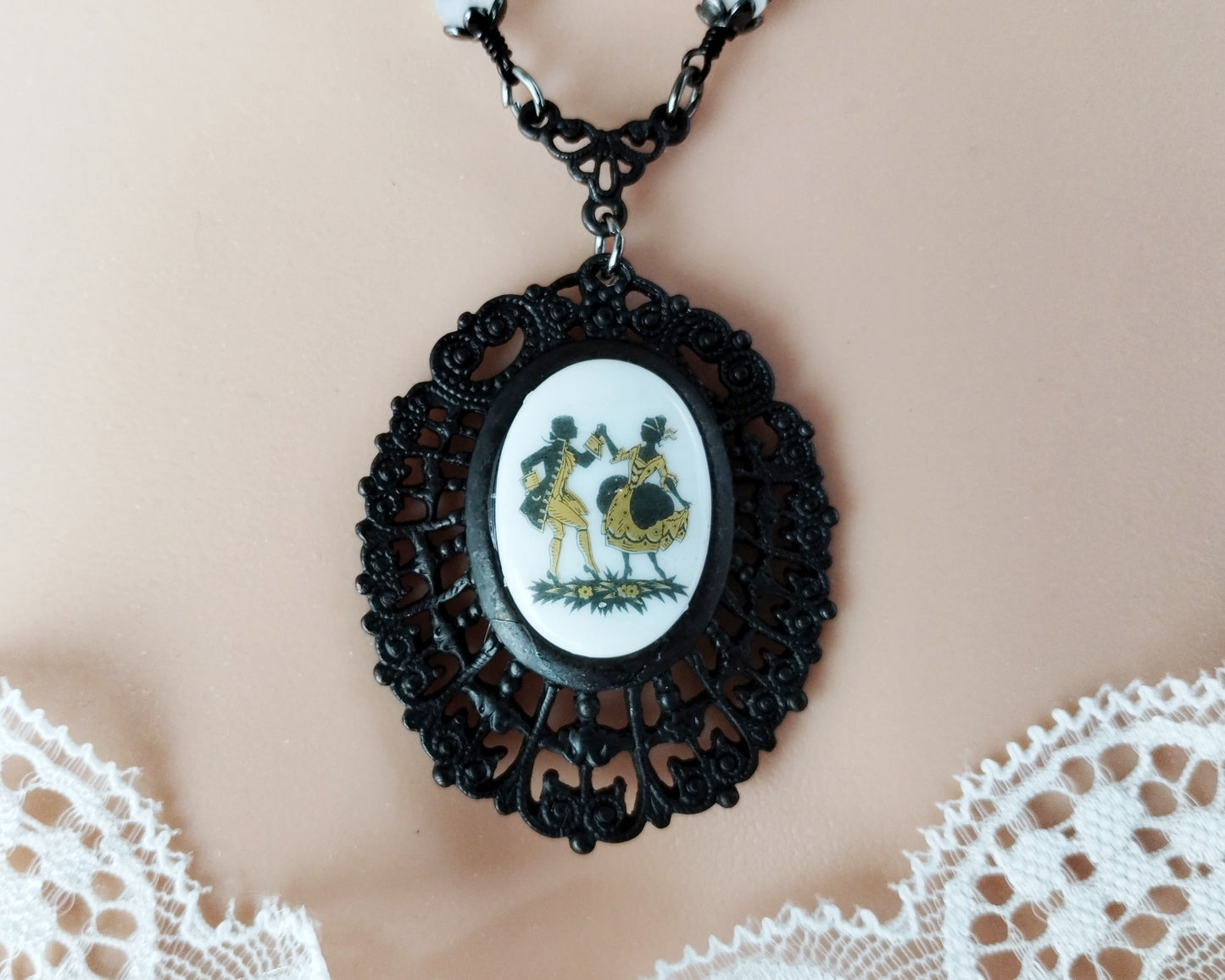 Black & White Cameo Necklace Set, Dancing Couple Pendant, Matte Black Filigree Jewelry, Vintage Style Romantic Jewelry Set, Gothic Elegant Gift