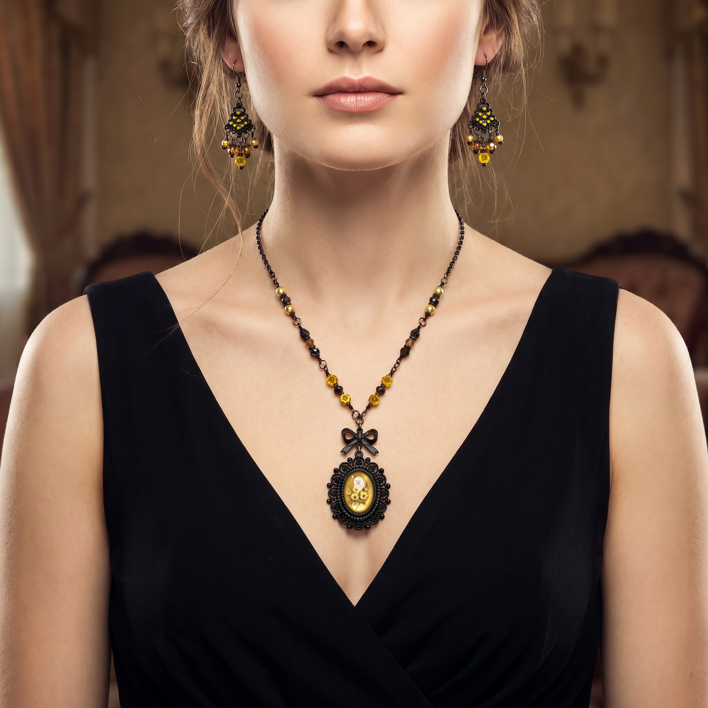 Vintage Style Black & Gold Floral Cameo Necklace Set – Czech Glass Flower Pendant & Matching Earrings
