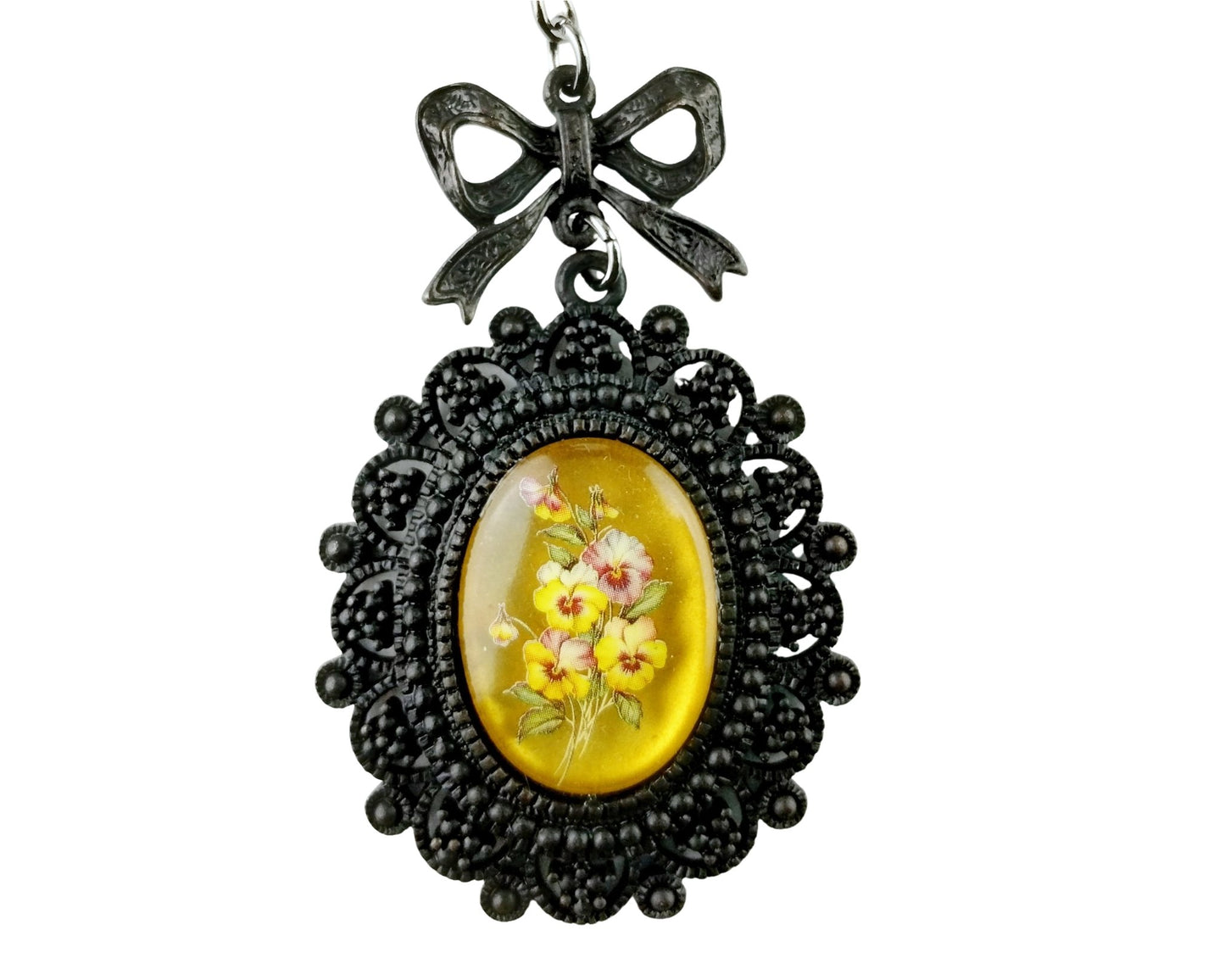 Vintage Style Black & Gold Floral Cameo Necklace Set – Czech Glass Flower Pendant & Matching Earrings
