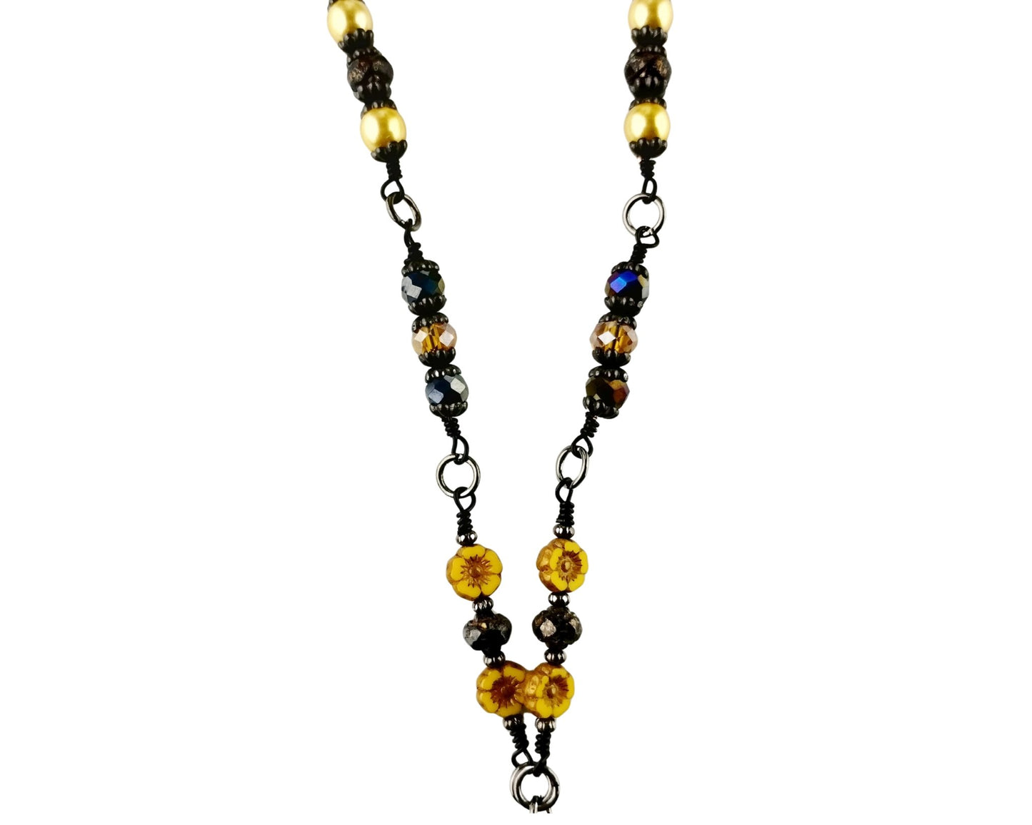 Vintage Style Black & Gold Floral Cameo Necklace Set – Czech Glass Flower Pendant & Matching Earrings