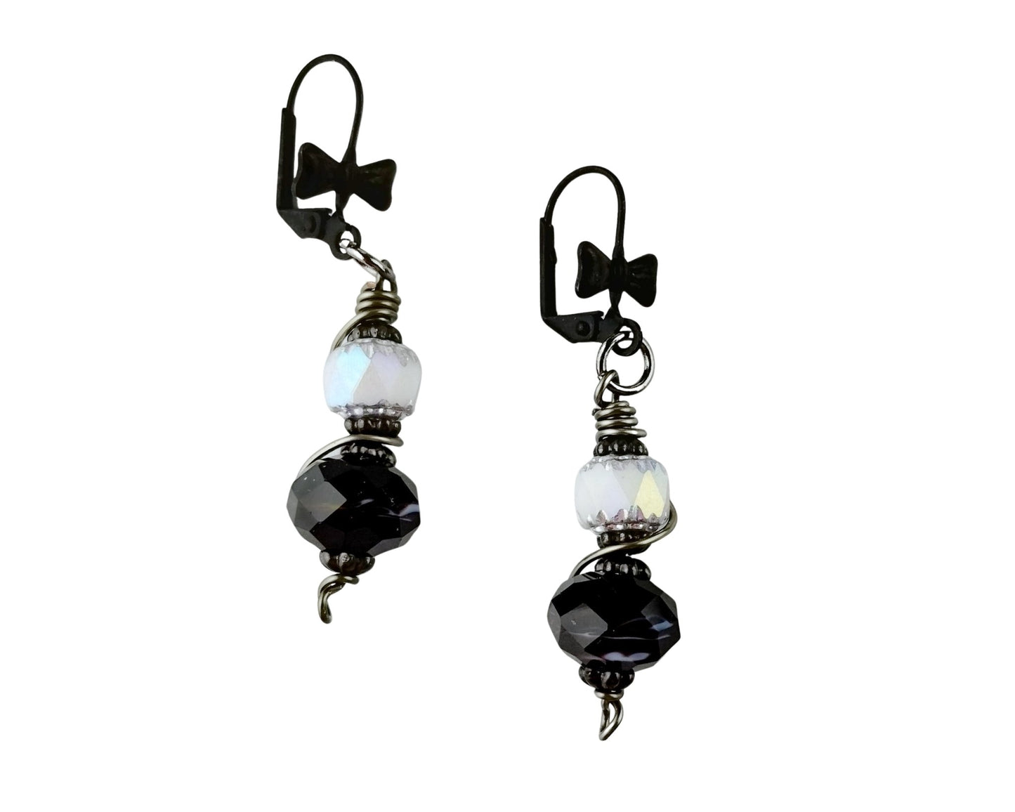 Black & white earrings with a bow tie lever back