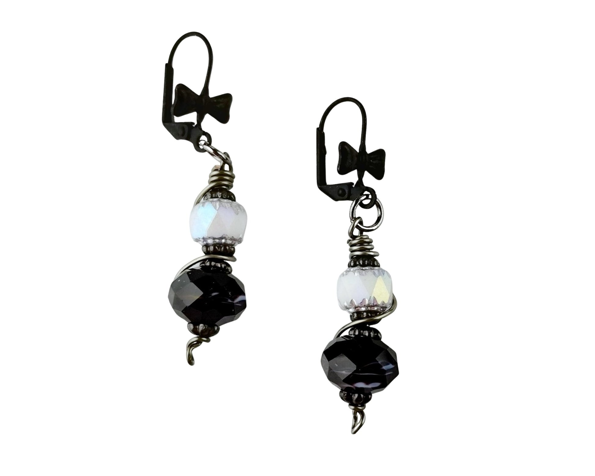 Black & white earrings with a bow tie lever back