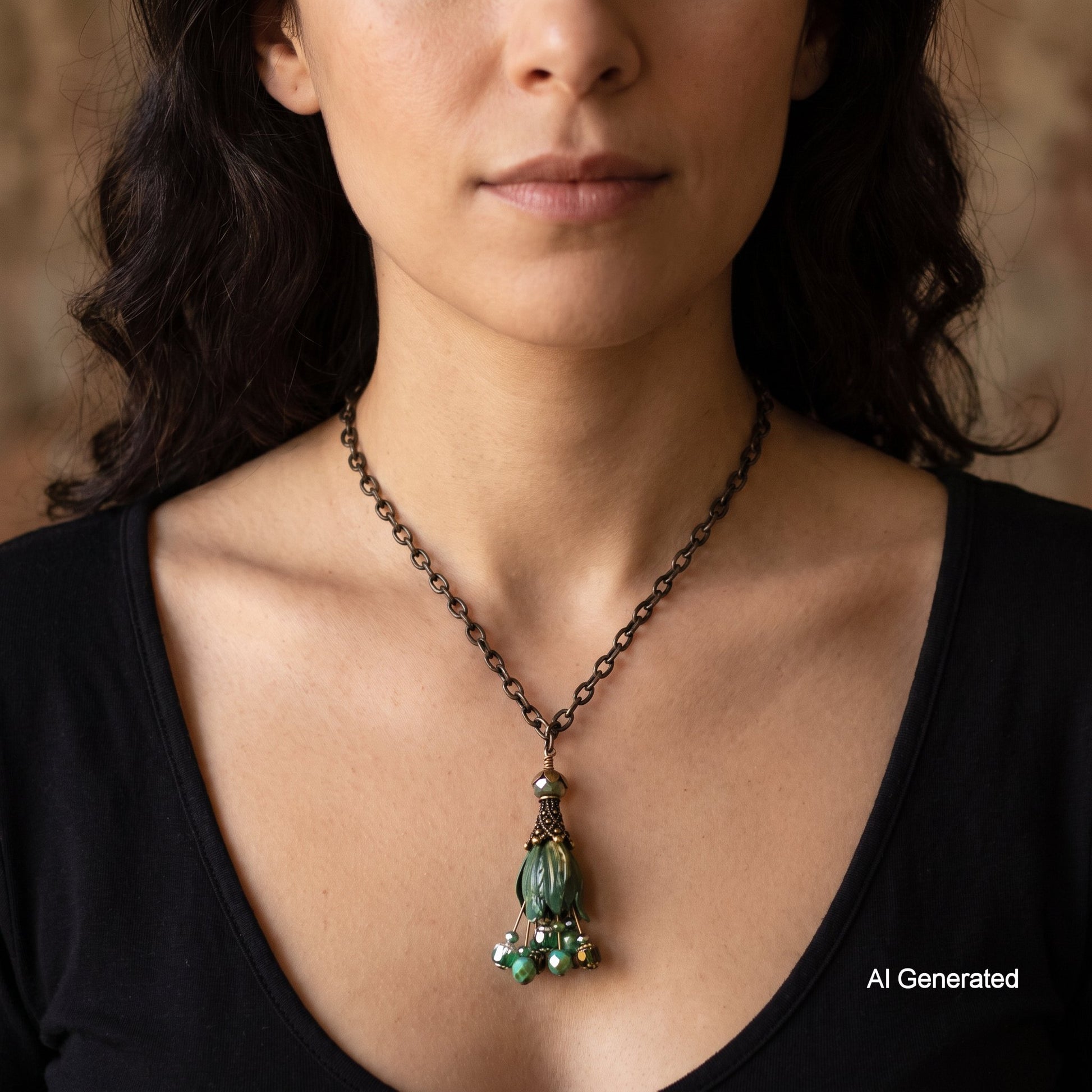 A close-up of a woman wearing a dark metal chain necklace with a green beaded pendant, shown against her black top. The image has an 'AI Generated' watermark in the bottom right corner.