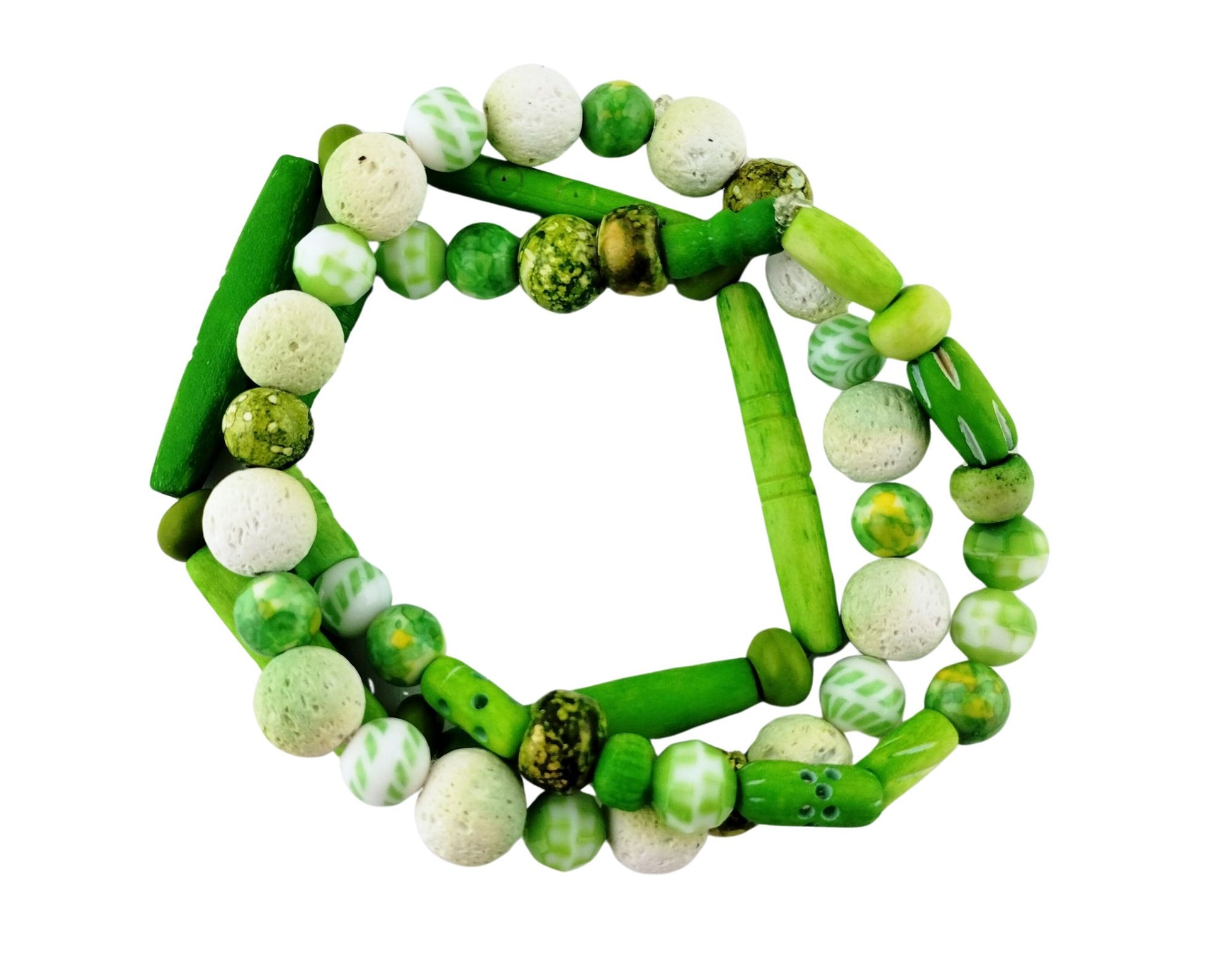 Three handmade lime green stretch bracelets made with dyed bone, lava, and glass beads
