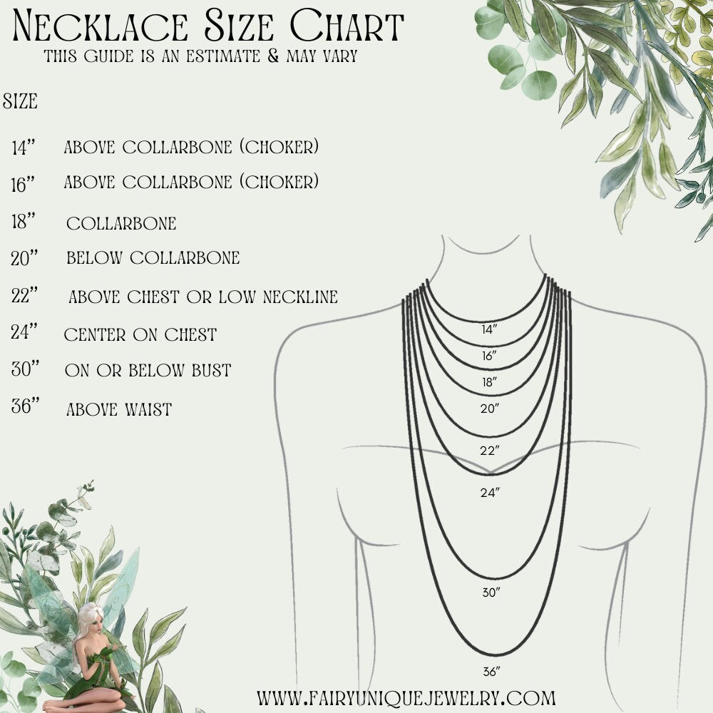 Necklace size chart with measurements and corresponding necklace lengths on a mannequin, surrounded by greenery.